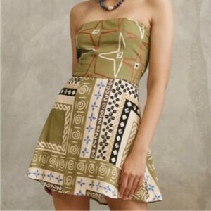 Olive Strapless Patchwork Mini Dress with Geometric Print